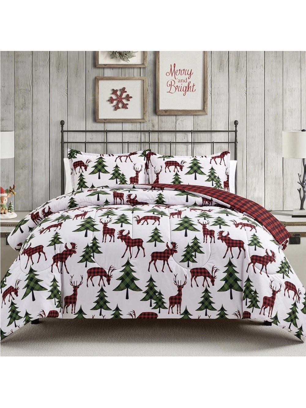 Sunham Plaid Deer Reversible King Comforter Set 3-Pc Christmas Red Green Trees